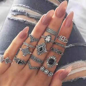 15 Piece Dark Floral Midi Ring Set Size 5-8